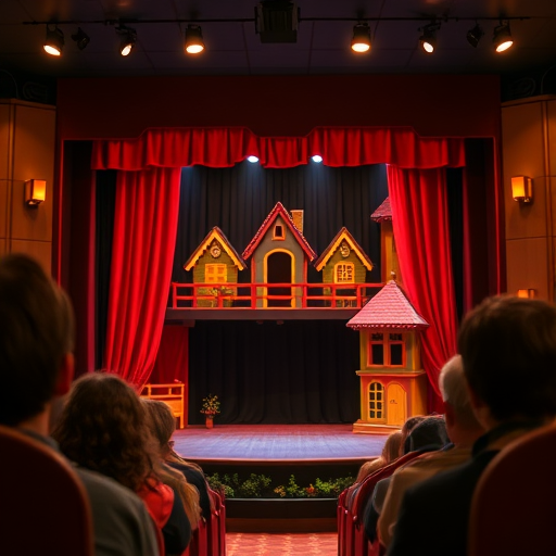 Image of a theater stage viewed from the audience seat. The stage features colorful decorations of a house with sloped roofs, styled in a fairy-tale manner. Warm, soft lighting creates a cozy atmosphere. Inspired by a children's theatrical performance