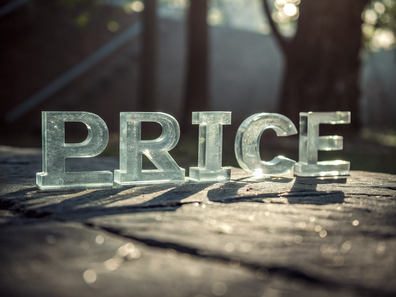 Huge word PRICE made of glass is standing in the forefront. The background is dark and abstract. hd quality, natural light.