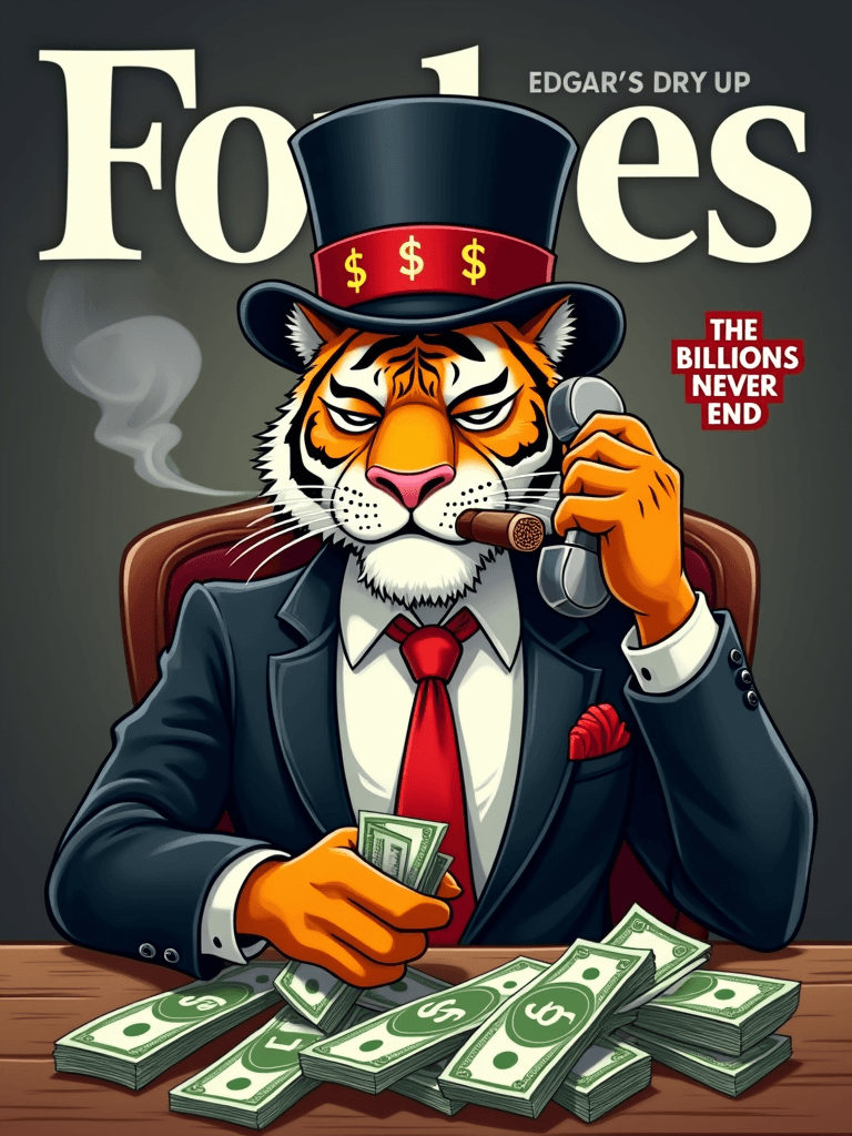 An anthropomorphic tiger in cartoon style, dressed in a mafia suit, is sitting at a wooden table covered with piles of dollar bills. The tiger is wearing a sleek black suit with a white shirt, a red tie with dollar signs, and a black top hat with a red band featuring white dollar signs. He is lighting a Cuban cigar, which he holds in his mouth, with his right hand, while holding a stack of cash in his left hand, next to his ear (as if he's talking on the phone).

The tiger has a smug, tired expression with half-closed eyes, conveying wealth and arrogance. The background is a parody of a Forbes magazine cover, with the large word 'Forbes' at the top, a red headline reading 'EDGAR’S DRY UP', and another small white headline on the right that says 'THE BILLIONS NEVER END'.

The artistic style is cartoon-realism — clean and highly detailed, with bold outlines, a slightly matte texture, and stylized as pop art or street art, suitable for canvas printing. The lighting is balanced and slightly dramatic to emphasize the stacks of money and the character's face. The overall tone is humorous and full of personality"Edgar's Dry Up" headline screams wealth;  "Billions Never End" whispers unending riches.
