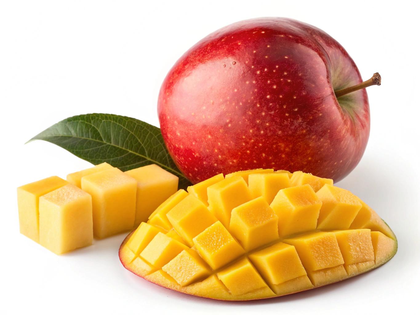 A fresh, vibrant red apple. soft light, highlighting its natural texture and deep red hue with subtle yellow speckles. In front of the apple, a few pieces of mango are neatly arranged, showcasing their rich golden-yellow color and juicy texture. The composition is clean and minimalistic, with a pure white background enhancing the fruit’s natural beauty and freshness.
