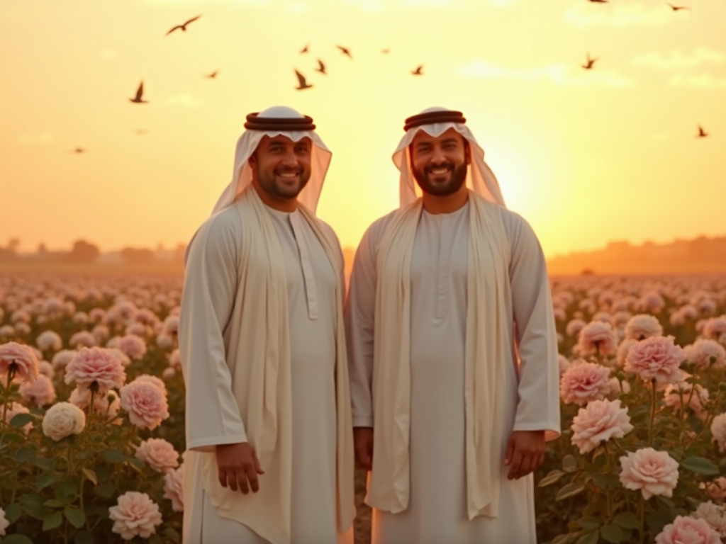 A cinematic 4:3 horizontal image showing two Middle Eastern men standing very close to the camera, waist-up, in a dreamy flower field at golden hour.
The man on the right has a fuller, broader body with a rounded face and a warm, gentle smile, while the man on the left is slightly taller, with a stronger, firmer build and a protective, calm expression.
Both are wearing perfectly tailored white robes (thobes) with clean, modest white shawls wrapped neatly around their shoulders and chest — no head coverings, no turbans, no agal.
They are surrounded by thousands of blooming roses in white and soft pink, with a warm golden sun shining from behind and a sky filled with glowing clouds and gentle birds in flight.
The scene feels cinematic, peaceful, spiritual, and emotionally moving — a perfect blend of fantasy and realism.