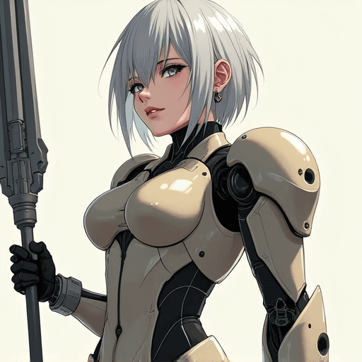 anime style image full body long distance cyborg body suit woman mgs4 style short silver hair holding a futuristic great spear metal plate style with gray black beige color scheme