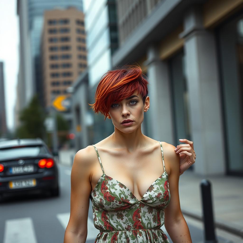 stylish daring provocative unusual woman 35 years old with short red hair tousled by the wind, with a fashionable haircut, with a face and hands in freckles, in an open original dress, walks along the street of a modern city, presenting a bright contrast between the gray urbanism and her bright nature, in the style of Mario Testino, stylish color photography