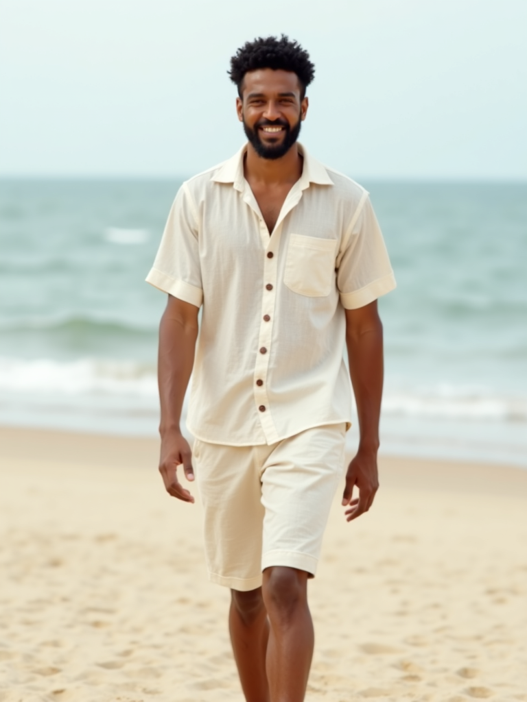A 30-year-old Egyptian man walking slowly toward the camera on a sandy beach. He is shown in full body. He has light wheat-colored skin, short curly jet-black hair, and a neatly trimmed jet-black beard. He is wearing a relaxed off-white textured linen short-sleeve shirt with wooden buttons, and matching off-white linen shorts that are loose-fitting and knee-length, fully covering his knees. The lighting is soft and natural, like late afternoon. The background features a calm sea with gentle waves and a minimal, serene beach atmosphere. The camera is steady and centered, capturing his entire body as he walks confidently with a soft smile. The overall mood is relaxed, stylish, and summery.

