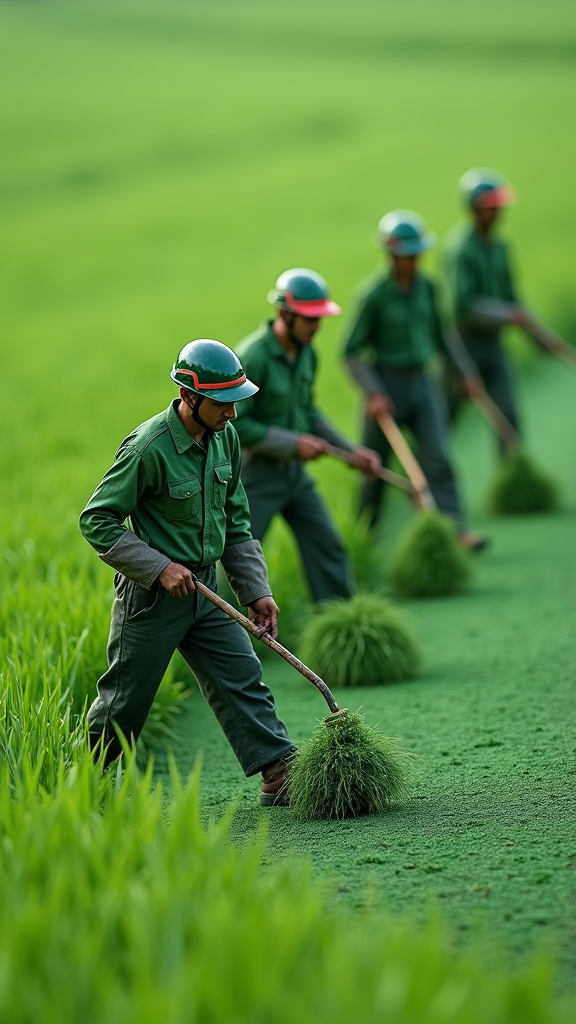 workers in midget-sized uniforms paint grass green, macro style photo and all detailed
4k