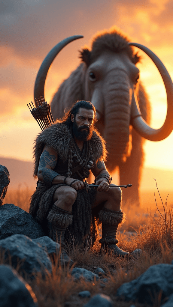 reate a cinematic and highly detailed prehistoric scene for a book cover. In the foreground, show a rugged male hunter with a stern, focused expression, wearing realistic fur and leather garments, sitting or kneeling in a heroic pose. He carries a primitive bow and a quiver of arrows. Behind him stands a massive woolly mammoth, slightly backlit by a warm, glowing sunset. The setting is an open grassland with rocky, realistic stone formations around the character — sharp, weathered textures like mountain rock or limestone, adding depth and grounding to the scene. The lighting should be golden hour, with epic, dramatic colors — glowing orange, purple, and deep blue skies with cinematic contrast. The mood should feel like an ancient legend or a scene from an epic film. No modern elements.