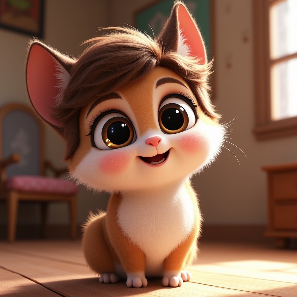 a cute character with big expressive eyes, disney pixar style