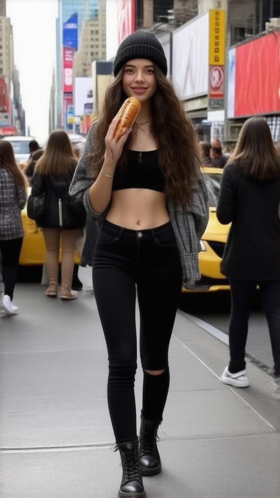 A young woman with long, wavy dark hair walking casually along a bustling New York City sidewalk, holding a hotdog in one hand. She is wearing a fitted black crop top that reveals her midriff, high-waisted black skinny fit jeans, and black lace-up combat boots. A black knit beanie rests stylishly on her head, keeping her streetwear look bold and modern.

She takes a small bite of the hotdog while smiling naturally, her gaze shifting briefly toward the camera as she walks with relaxed confidence. Pedestrians surround her, moving in different directions, slightly blurred to emphasize the fast-paced energy of NYC. Yellow taxis, towering glass buildings, and neon billboards complete the vibrant city backdrop.

The camera captures the scene from a street-level cinematic angle, focused sharply on her while the background remains softly defocused, creating depth and a lively atmosphere. The golden-hour light glows warmly across her face and highlights the textures of the city, adding a cinematic vibrance to the moment.

The composition is vertical, vibrant, and storytelling-driven, combining street fashion portraiture with the authentic lifestyle vibe of enjoying New York street food on the go