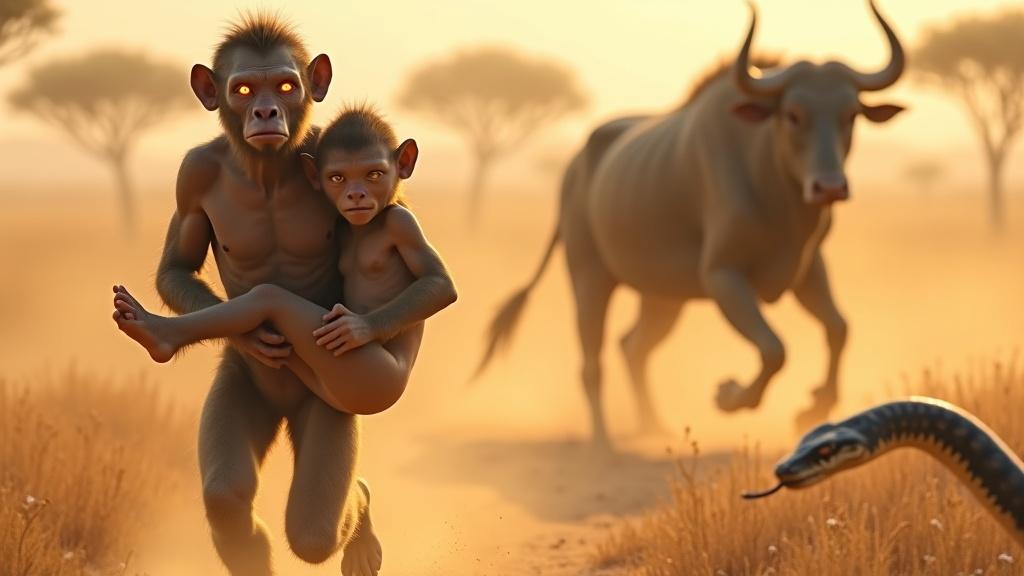 "Generate an image of two early human-like creatures (resembling Australopithecus or similar ancestors) running through a savannah landscape. The male creature is carrying the female in his arms. In the background, a bull with glowing red eyes is charging towards them. A snake is hissing in the foreground to their right. The scene has a warm, dusty tone with acacia trees scattered in the background."
