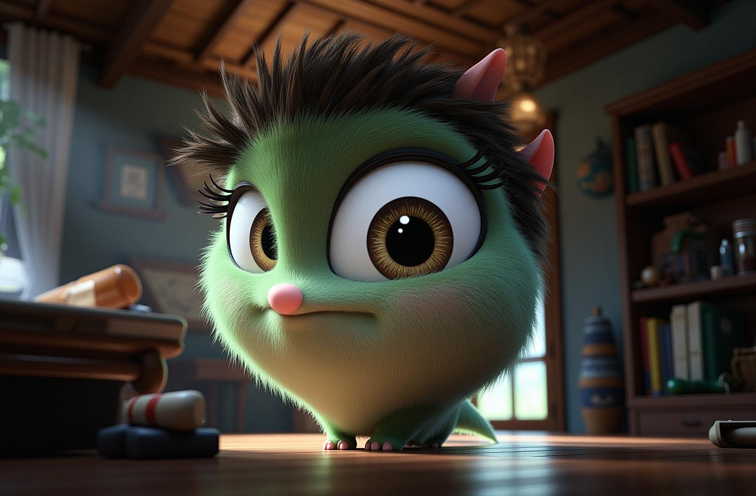 a cute character with big expressive eyes, disney pixar style