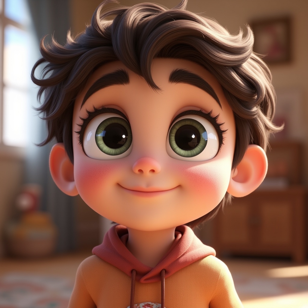 a cute character with big expressive eyes, disney pixar style