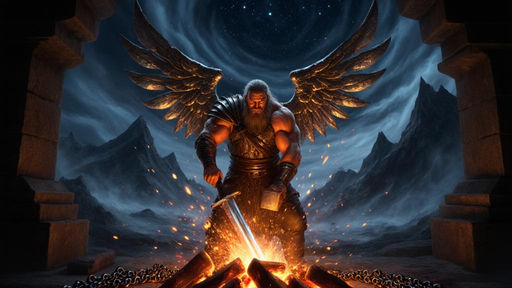 Create an epic, cinematic scene inspired by Norse mythology, depicting Völund the Smith, a legendary artisan, in a dramatic moment of triumph. Show a rugged, muscular figure with intense eyes, standing in a dimly lit, ancient forge glowing with fiery embers and molten metal. Sparks fly around him as he hammers a gleaming sword or forges shimmering wings made of iron and gold. Chains lie broken at his feet, symbolizing his escape from captivity. In the background, a stormy Nordic landscape with jagged mountains and a swirling, starry sky. The atmosphere is intense, mystical, and heroic, with a color palette of deep blues, fiery oranges, and metallic silvers. The style is hyper-detailed, cinematic, and inspired by epic fantasy art, with a touch of John Howe’s and Zdzisław Beksiński’s dark, mythical aesthetic.