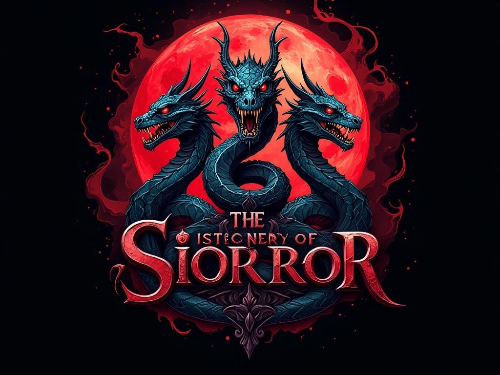 A gothic horror logo, "The Sisters of Horror," rendered in a vibrant, Art Nouveau style, features three intertwined serpentine figures, each with piercing eyes and skeletal features, against a backdrop of a blood-red moon and a swirling, inky black sky.  The logo exudes an eerie, yet elegant, atmosphere.
