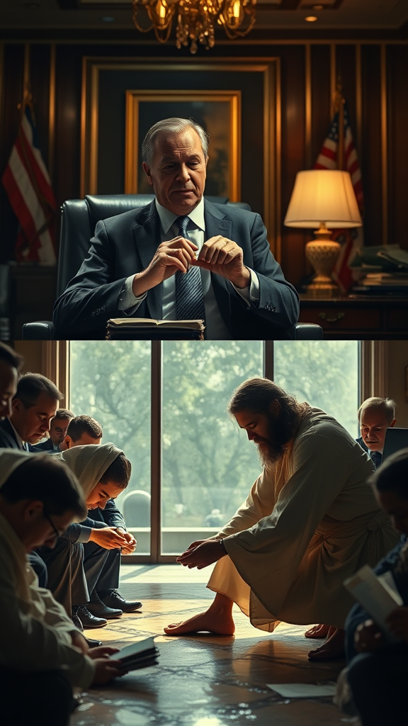 A cinematic split-screen: on one side, a businessman in a luxury office counting money arrogantly; on the other, Jesus kneeling and washing his disciples' feet. The contrast is stark and powerful. Realistic, film-quality style