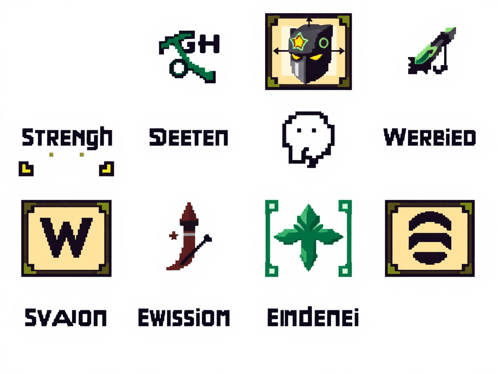 Create pixel art icons fantasy RPG game, that represent icons of following stats:
Strength, Dexterity, Intelligence, Wisdom, Charisma, Endurance

Group them is 2 x 3 grid on white background