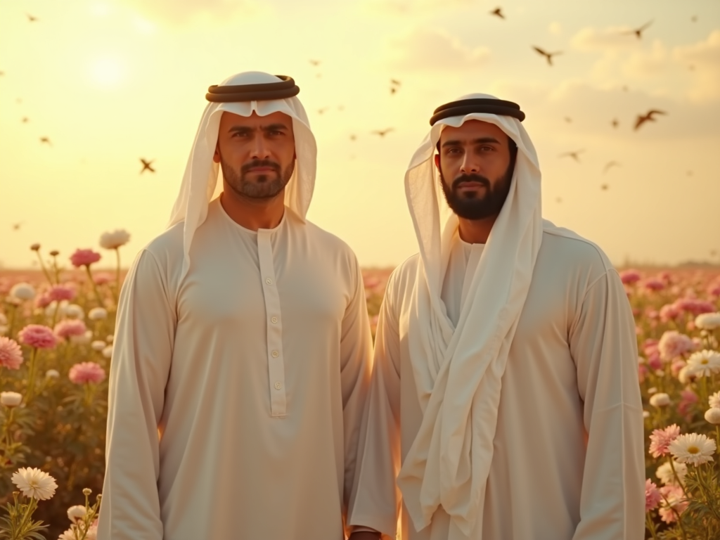 A cinematic 4:3 horizontal image featuring two Middle Eastern men standing very close to the camera, shown from the waist up.
Both men are not wearing any headwear — no keffiyeh, no turban, no agal, nothing on the head.
They are dressed in elegant white robes (thobes) with perfectly arranged white shawls wrapped neatly over their shoulders and chest, covering them modestly and cleanly.
The man on the right is broader and slightly shorter, with a kind and calm expression. The man on the left is slightly taller, with a strong, solid build and a serious protective gaze.
The background is a magical flower field full of large and small blooming white and pink flowers.
A golden sunbeam shines from behind, casting a soft, glowing cinematic light. The sky is filled with warm clouds and birds flying gently in the distance.
The scene is surreal but realistic, full of beauty, peace, and emotional depth.