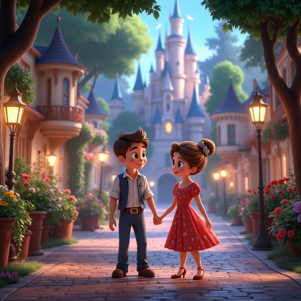 A whimsical Disney-esque fusion of two photographs, vibrant colors, enchanting atmosphere,  a playful juxtaposition of elements,  detailed character designs,  magical lighting,  a sense of wonder and joy,  a harmonious blend of styles,  evoking childhood nostalgia,  a touch of fantasy,  rendered in a painterly style,  with a focus on light and shadow,  a balanced composition,  a story unfolding,  a magical kingdom.
