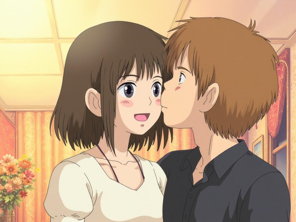 A Studio Ghibli-style illustration of a young couple in a warm, cozy indoor setting. The young man, with short brown hair and a black shirt, gently kisses the smiling young woman on the cheek. She has shoulder-length dark hair, wears a white blouse, and looks happy. The background features soft, warm lighting with delicate hand-drawn details, resembling the dreamy and nostalgic aesthetic of Ghibli films. Created using: soft watercolor textures, hand-drawn lines, vibrant yet soothing color palettes, cinematic lighting, expressive anime-style eyes, fine shading details, warm ambient glow, high-quality HD anime aesthetic.