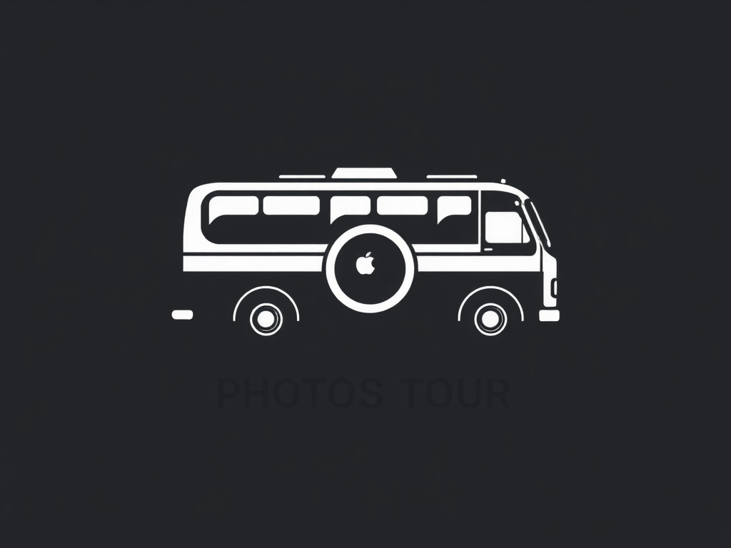 create a logo for the photographer organizing the photo tour. on the logo, depict the camera object, combine it with a moving minibus. The style is minimalism, monochrome. high quality. Use dynamic, emotional, aesthetic, and fashion trends of 2025.