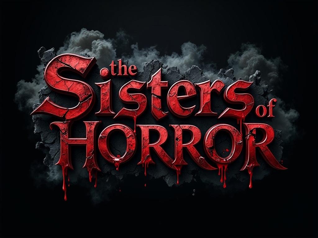 A dark, cinematic horror logo for ‘The Sisters of Horror,’ featuring distressed Gothic typography with cracked textures, dripping blood accents, and shadowy mist in the background. The design should be chilling and theatrical, evoking a vintage horror film poster style, with high contrast between ominous blacks and eerie blood-red highlights.