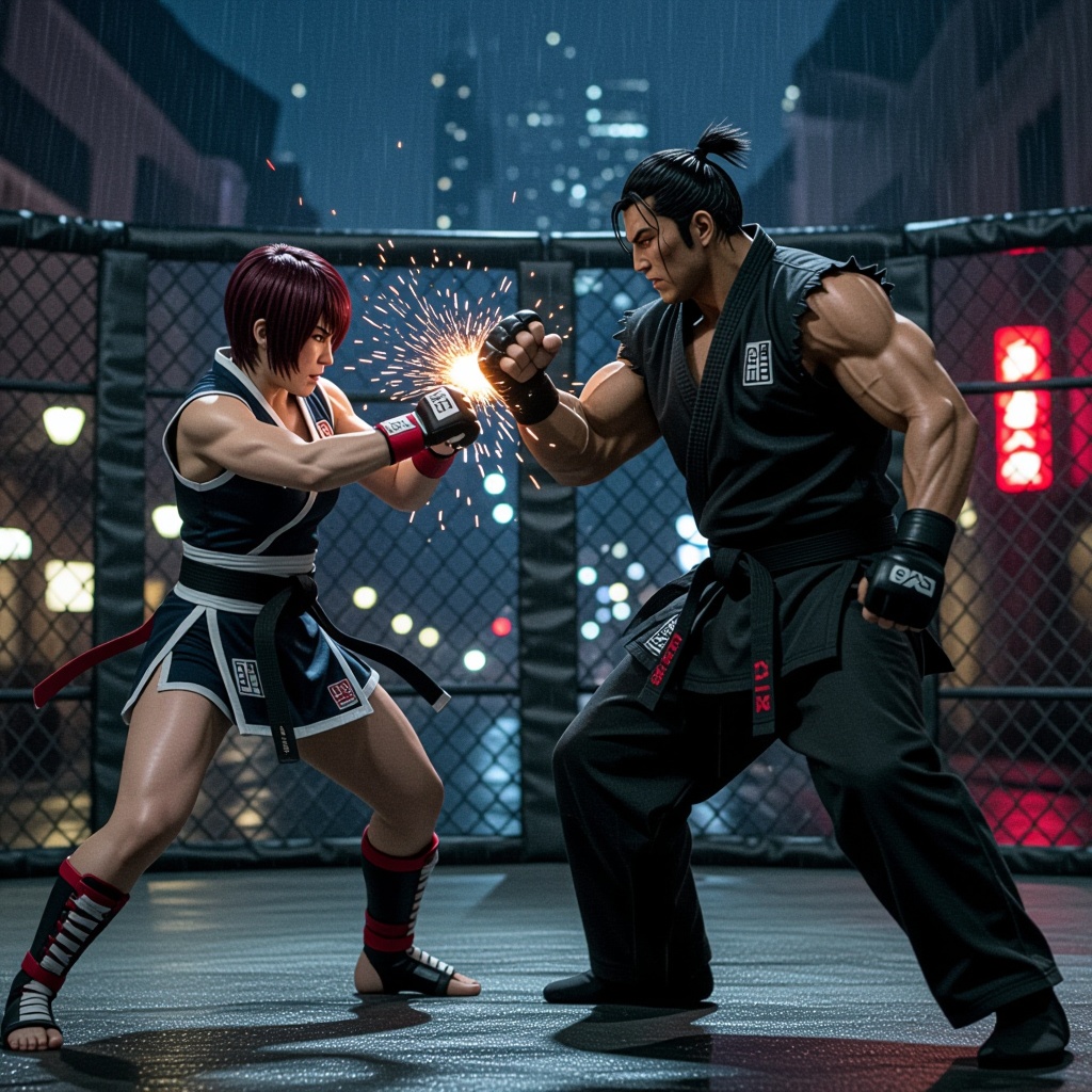 A cinematic vertical image of a fierce martial arts duel between a strong short-haired Japanese female fighter resembling Asuka and a tall, stoic male fighter resembling Jin. Asuka throws a powerful punch while Jin blocks calmly. The background is either a fenced cage, Paris at night, or a rainy street in New York. Photorealistic lighting, full-body fight posture, intense expressions.