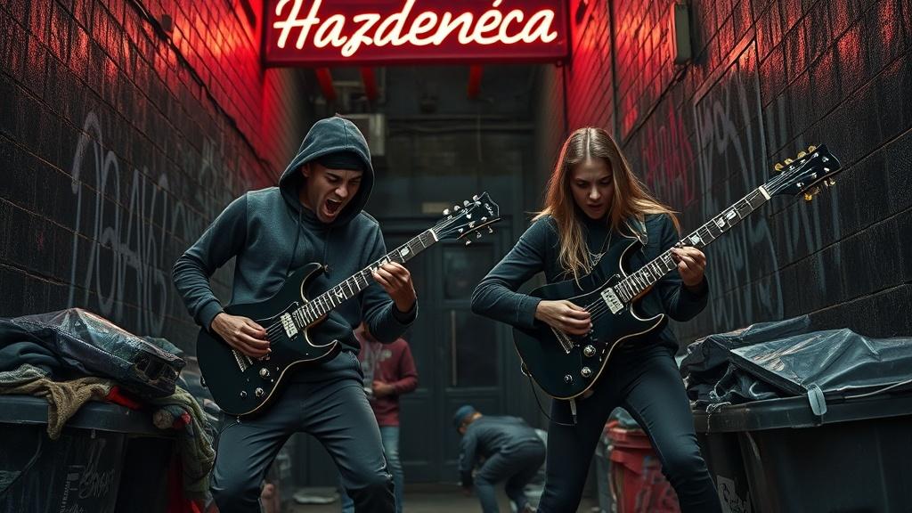 A gritty, urban scene: two young rappers, a man and a girl, fiercely shredding black electric guitars in a dimly lit alley, their faces contorted in angry shouts, neon "Hazdenecaz" sign casting an eerie glow.  Homeless figures rummage through overflowing bins, graffiti-covered walls forming a bleak backdrop, capturing the raw energy and social disparity of the scene.
