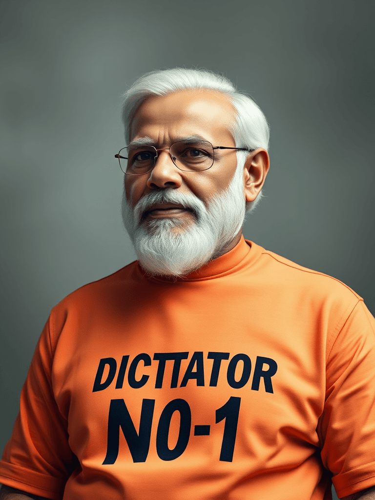 Create a very realistic image of Narendra modi wearing a tshirt saying Dictator No 1