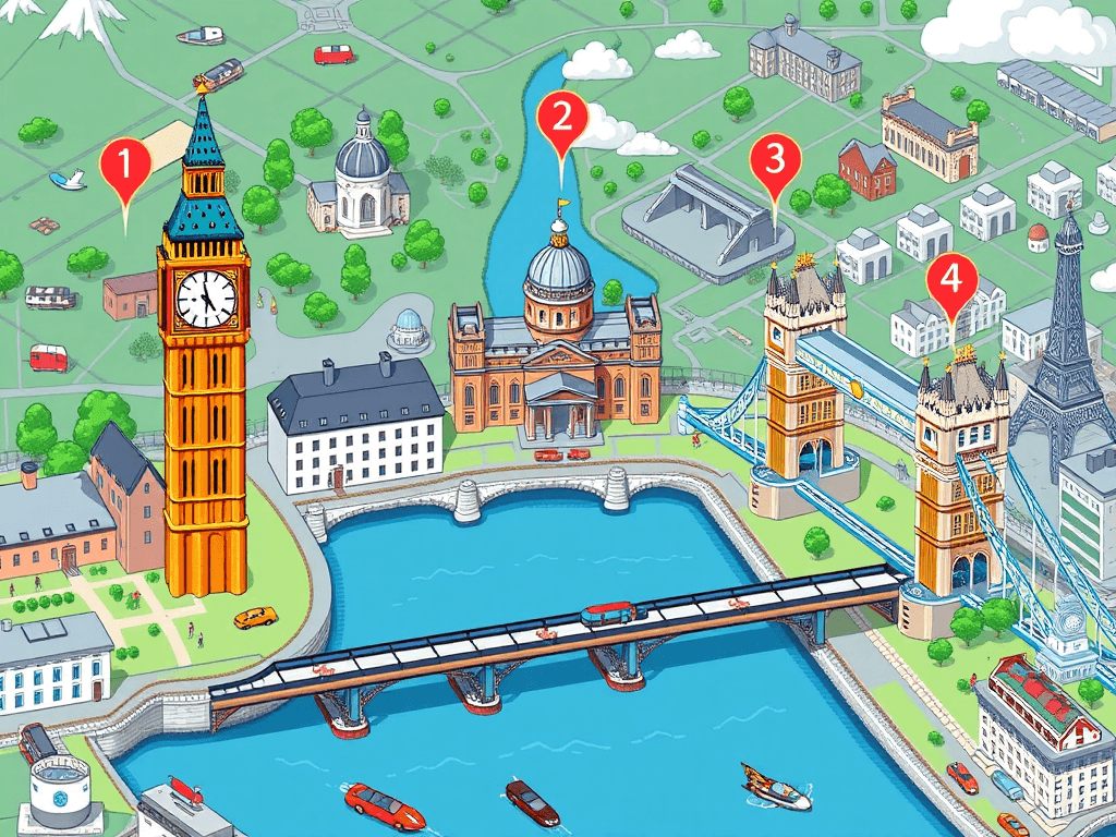 A vibrant pixel-art map of central London, showcasing Big Ben (1), St. Paul's Cathedral (2), and Tower Bridge (3) in sequential order, with numbered markers; a whimsical, nostalgic atmosphere; detailed, colorful pixel art style evoking 8-bit adventure games;  the Thames River flows gracefully through the scene, connecting the landmarks.
