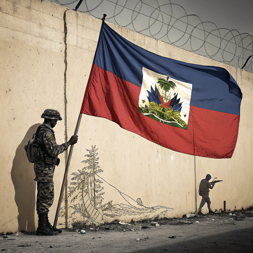 A Haitian flag, rendered in stark black and gray realism, unfurls dramatically across a weathered, sun-baked wall.  Intricate linework details the flag's vibrant colors, subtly shaded to evoke a powerful, commemorative mood.  A soldier's silhouette, etched in fine lines, stands guard, his gaze resolute, embodying Haitian independence and pride.  The scene is bathed in a somber, yet hopeful light, reflecting the nation's rich history and enduring spirit.
