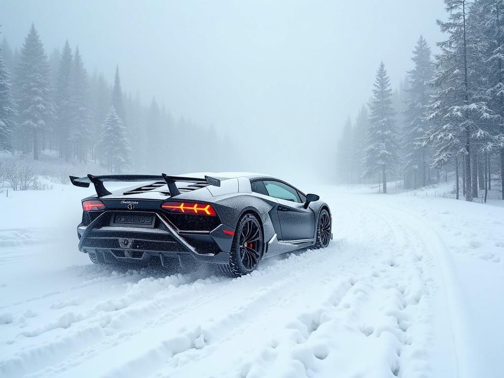 Oil paintiang Envision a Lamborghini Countacholly in a snowy valley, the car surrounded by a blizzard, with snowflakes swirling around its massive form. The scene is reminiscent of an oil painting, with a blend of realism and drama, incorporating the dramatic lighting techniques of Anthony Adler and the imaginative vision of Michael Dudash, in the style of an oil painting.