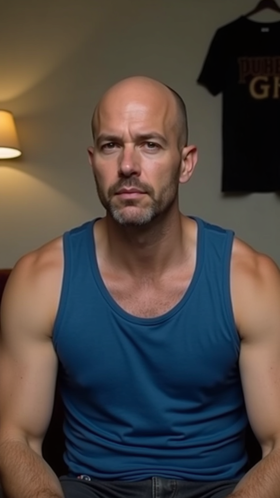 The image shows a bald man in a blue tank top sitting on a couch in front of a wall with a light and clothes in the background.
