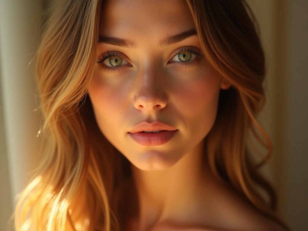 A hyper-realistic portrait of a young woman with a perfectly symmetrical, heart-shaped face and delicate bone structure. She has smooth, luminous skin with a soft golden glow, subtly highlighted by warm, late-afternoon sunlight. Her hair is medium-long, straight with a gentle wave at the ends, in a rich light-brown shade with golden undertones, framing her face naturally. Her eyes are almond-shaped, vivid green with intricate, realistic iris details, framed by long, defined lashes and softly arched natural brows. Her nose is straight, slender, and proportionate to her features, with a refined bridge and slightly rounded tip. She has full, well-contoured lips with a natural peachy-pink tone, slightly parted in a serene yet captivating expression. High cheekbones with a gentle flush, smooth jawline, and a softly pointed chin create elegant harmony. The lighting is cinematic, warm, and directional, creating gentle shadows that enhance facial depth. Background softly blurred with creamy bokeh, focus entirely on her face. Ultra-high resolution, photorealistic detail, natural skin texture, cinematic depth, masterpiece photography, 85mm lens, f/1.4.
