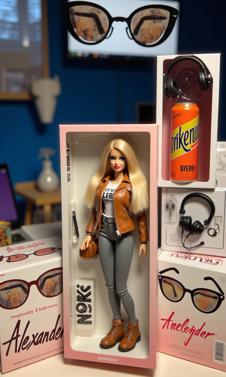 A unique collectible toy in a spectacular box featuring a full-length image of [girl with blonde straight hair in Barbie style] dressed in [leather jacket, gray pants and brown nike sneakers]. Accessories are located to the right of the toy: [glasses, headphones, energy drink]. The packaging is [color pink] with a bold black [Alexander] logo. Inspired by vintage toys with a modern twist. Vertical image