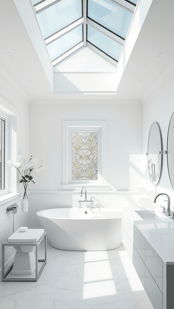 modern white square home, close up in person type of picture, daytime, master bathroom , glass ceiling