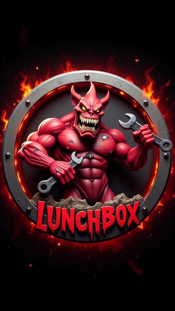 "Design a circular Pixar-meets-dark-cartoon style logo featuring an evil red lunchbox character shown from the waist up. The lunchbox has menacing, narrowed glowing eyes, a sinister grin with sharp teeth, and a few scratches and dents on its surface. Faint scorch marks and peeling star stickers add to its battle-worn look. One rubbery arm is raised, gripping a jagged, cracked metal wrench like a weapon, while the other arm rests in a threatening pose. Frame the character inside a bold circular border with a carbon fiber texture. The outer ring should be metallic with a brushed steel finish, beveled edges, and evenly spaced bolts, giving it a bolted-down, industrial feel. At the bottom of the circle, engrave the word 'LUNCHBOX' in bold, cracked metallic letters with faint red neon light seeping through the fractures. Add a dark, smoky aura around the logo with subtle sparks and ember glows, creating an ominous, high-impact look while still matching the visual style and polish of the LandscaperBob logo."