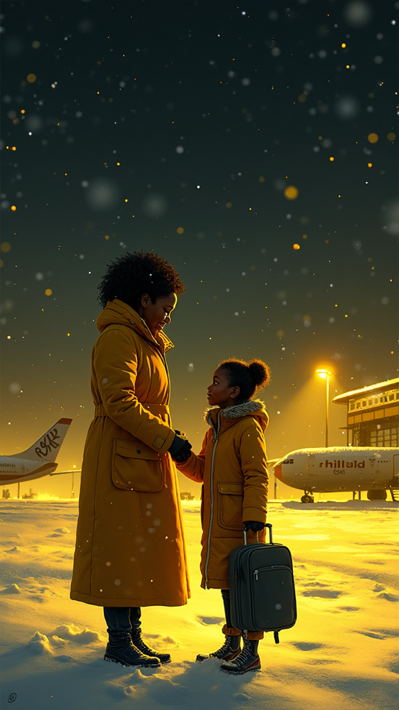 Hyper-detailed hand-drawn scene: African woman in a thick yellow coat warmly greeting a younger African girl just off a plane, snowy ground glowing yellow under black clouds, airport terminal with flickering lights, glowing fog effects around, rich yellow-black color palette
