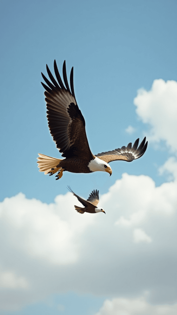 An eagle swoops down on a bird in the sky