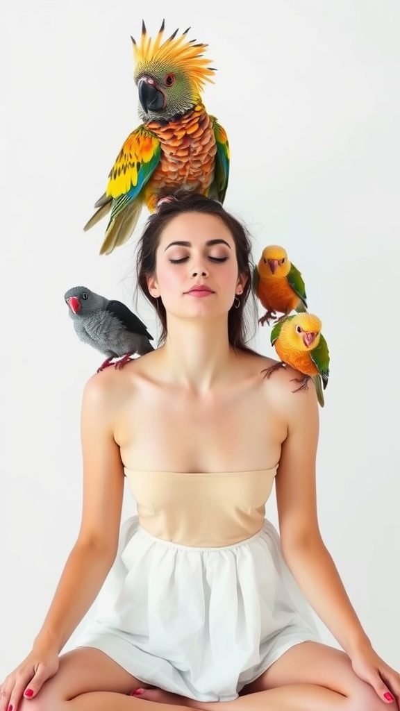 A photo of a  woman with her eyes closed,  sje is barefoot, against a white background. She just wears a wshort white skirt and has a serene, meditative expression. A large, exotic, multicolored bird with a strange appearance is perched on her head. Additionally, smaller birds are perched on her arms.