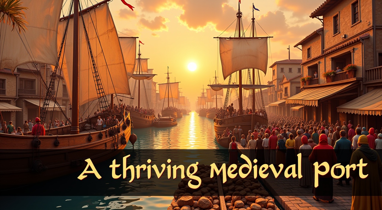 "A bustling medieval port town by the sea, ships unloading cargo, merchants haggling, wooden docks bustling with activity, warm earthy tones, historical vibe"

