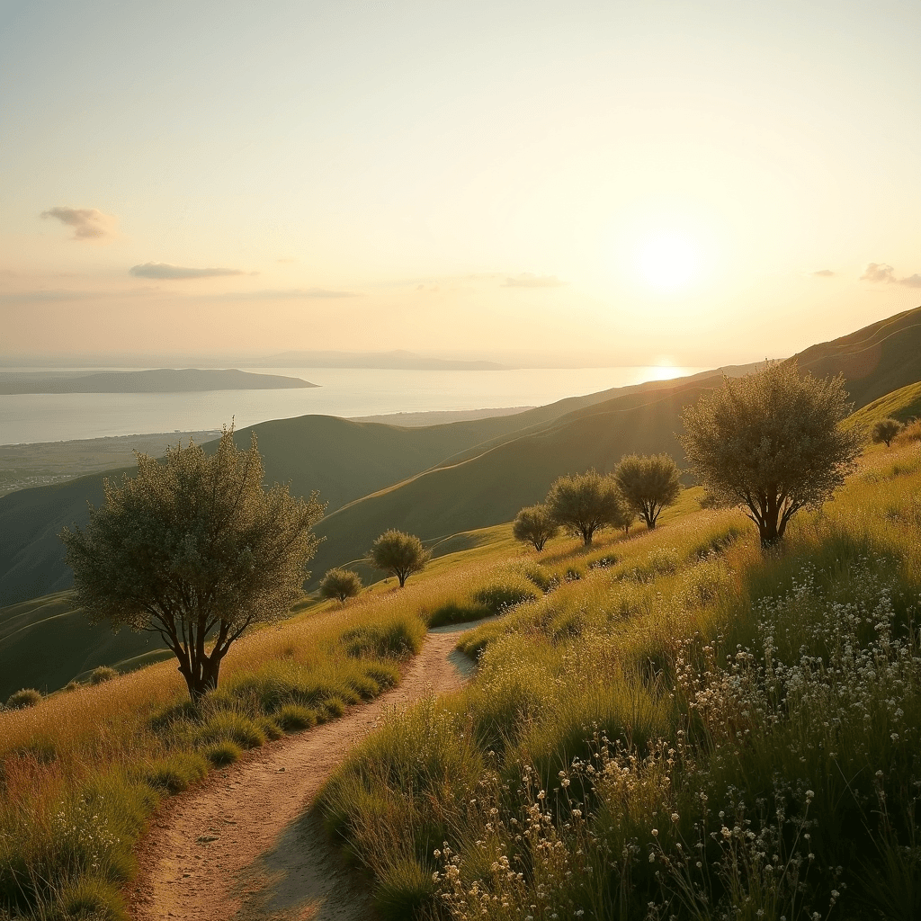 A breathtaking realistic landscape of the Mount of Beatitudes in Israel, overlooking the Sea of Galilee. The scene is captured during golden hour with warm, soft sunlight bathing the rolling green hills. Olive trees and wildflowers dot the foreground. A peaceful dirt path leads up a gentle slope, symbolizing the place where Jesus gave the Sermon on the Mount. In the distance, the calm waters of the Sea of Galilee shimmer under a pastel sky. Cinematic composition, high detail, National Geographic style, ultra-realistic photography.