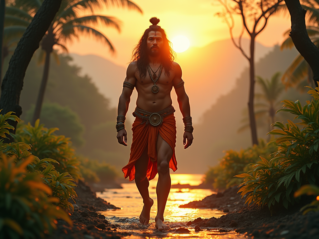 1. Lord Hanuman walking majestically through lush jungle, cinematic lighting, vibrant colors, ultra-detailed 8K resolution, dynamic pose, divine aura.  
2. Hanuman strides confidently amidst mountains, dramatic sunset glow, rich textures, highly realistic, cinematic perspective, 8K clarity, heroic stance.  
3. Serene Hanuman walking along riverbank, golden hour lighting, intricate details, cinematic depth, vivid natural hues, intense focus, ultra-high-definition 8K.  
4. Powerful Hanuman in motion, fiery background, cinematic chiaroscuro, highly detailed muscular form, vibrant palette, epic composition, 8K ultra-realistic quality.