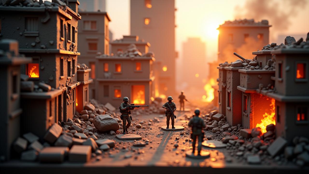 Hyperrealistic 3D-rendered miniatures of Battlefield 6, showcasing chaotic urban warfare;  crumbling buildings, intense firefights, soldiers in tactical gear amidst smoke and debris, a palpable sense of urgency and destruction, evoking the gritty realism of a war-torn city.