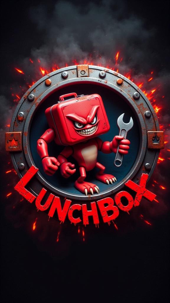 "Design a circular Pixar-meets-dark-cartoon style logo featuring an evil red lunchbox character shown from the waist up. The lunchbox has menacing, narrowed glowing eyes, a sinister grin with sharp teeth, and a few scratches and dents on its surface. Faint scorch marks and peeling star stickers add to its battle-worn look. One rubbery arm is raised, gripping a jagged, cracked metal wrench like a weapon, while the other arm rests in a threatening pose. Frame the character inside a bold circular border with a carbon fiber texture. The outer ring should be metallic with a brushed steel finish, beveled edges, and evenly spaced bolts, giving it a bolted-down, industrial feel. At the bottom of the circle, engrave the word 'LUNCHBOX' in bold, cracked metallic letters with faint red neon light seeping through the fractures. Add a dark, smoky aura around the logo with subtle sparks and ember glows, creating an ominous, high-impact look while still matching the visual style and polish of the LandscaperBob logo."