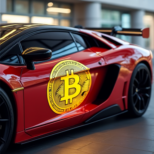 Super car, with Bitcoin crypto logo on the side of car door
