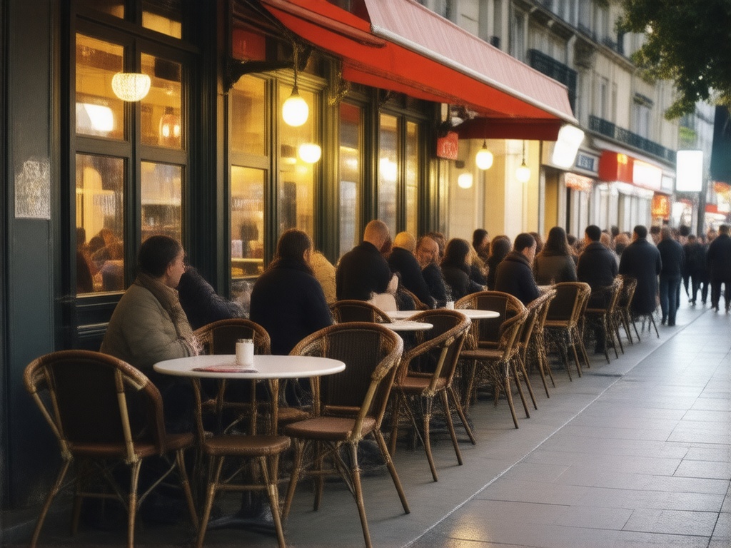 in Paris at night we see a cafe on a large street in with tables and chairs on the sidewalk and many people outside, cinematic lighting, saturated color, highly detailed, film still, shot on Kodak film