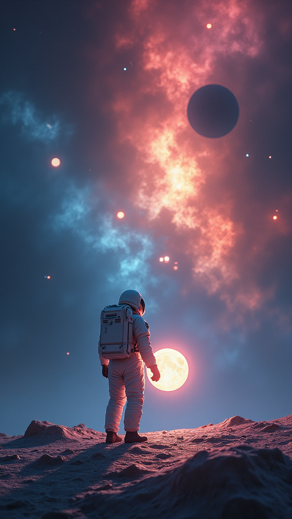 La imagen muestra a un astronauta solitario de pie sobre una superficie que parece una extensión de agua cósmica o un planeta alienígena con un cielo espectacular. El astronauta lleva un traje espacial blanco y parece estar sosteniendo una esfera brillante, posiblemente un pequeño planeta o una fuente de energía.
El fondo es un despliegue vibrante de colores cósmicos: tonos de azul oscuro y morado en la parte inferior que se funden con rosas, naranjas y rojos intensos en la parte superior, sugiriendo nebulosas o auroras cósmicas. Varios cuerpos celestes pequeños, como planetas o asteroides, flotan alrededor del astronauta. A la izquierda, se puede ver un planeta con anillos.
La luz en la escena parece provenir de la esfera que sostiene el astronauta y de las coloridas formaciones cósmicas en el cielo, creando reflejos en la superficie bajo los pies del astronauta. La sombra del astronauta se proyecta sobre esta superficie, lo que indica una fuente de luz cercana.
En general, la imagen tiene una atmósfera de ciencia ficción y maravilla cósmica, evocando una sensación de exploración y soledad en un universo vasto y colorido.
Wallpaper 8k 4k
