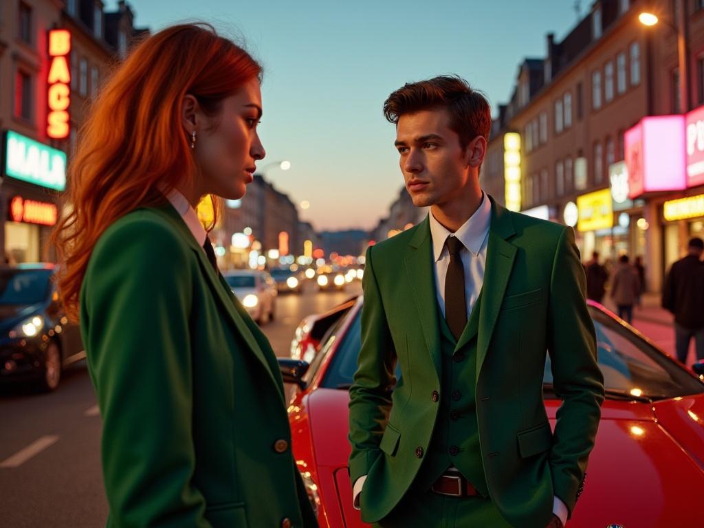A photorealistic street interview in Berlin at dusk: a striking woman with fiery red hair, in a sharp, tailored emerald-green suit, questions a young man in a sleek, chrome-gleaming Lamborghini Countach.  Neon signs cast a hazy glow on the bustling city skyline; he smirks, "Ja, Schalke und Hertha, die dreckigen Vereine, abgestiegen!"  The scene is vibrant, chaotic, yet sharply focused, capturing the raw energy of a Berlin street, imbued with playful cynicism and a hint of German football rivalry, rendered in a hyperrealistic style with cinematic lighting.
