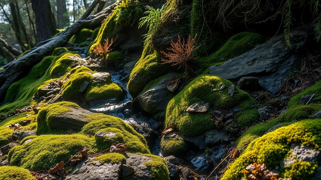 IMG_13 Damp forest vegetation on rocky slopes, moss and ground plants shining in morning light, small water trickles, natural European woodland detail.