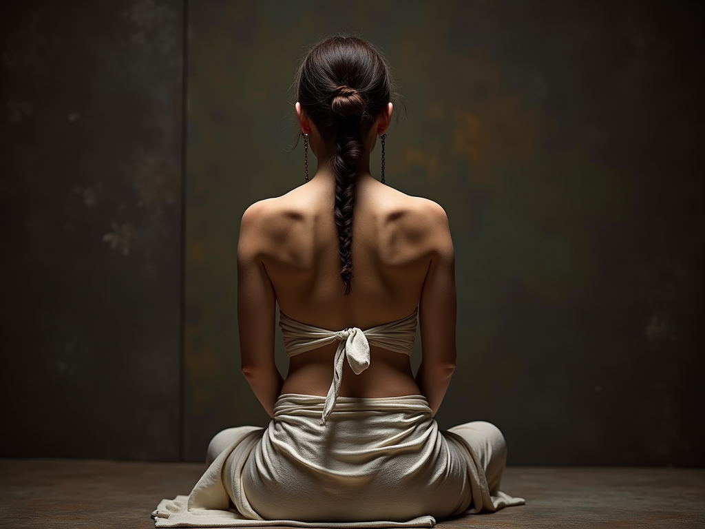 A women in shibari view from the back with the hand tie like buddha