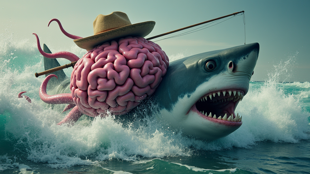 A surreal close-up transition: a photorealistic great white shark, its teeth gleaming, dissolves into a vibrant pink brain wearing a weathered fisherman's hat, tentacles casting a fishing rod into a tempestuous sea of swirling Polaroid photos depicting distorted, screaming faces; fantasy art, hyperrealistic, cinematic lighting, dramatic chiaroscuro,  a blend of  Bauhaus and  Surrealism, evoking a sense of unsettling wonder.
